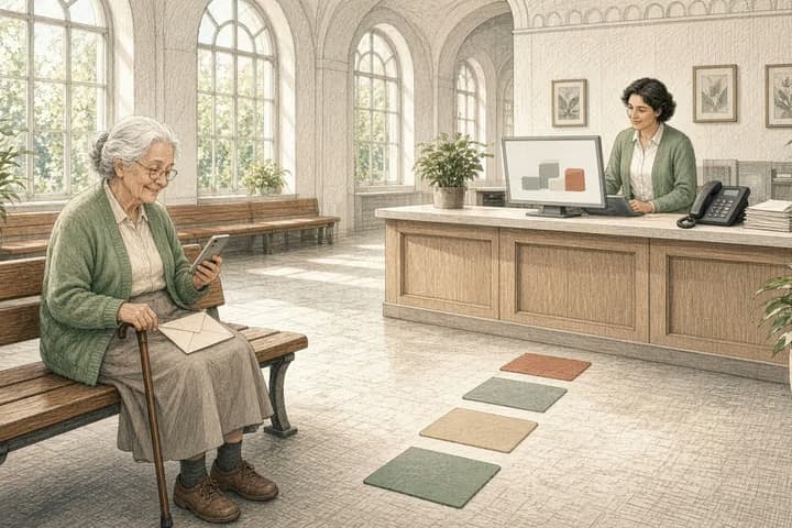 Editorial engraving of a bright municipal service hall where an elderly woman on a bench reads a phone message with relief while a clerk at the counter behind her views four simple progress blocks, an idle desk phone beside him.