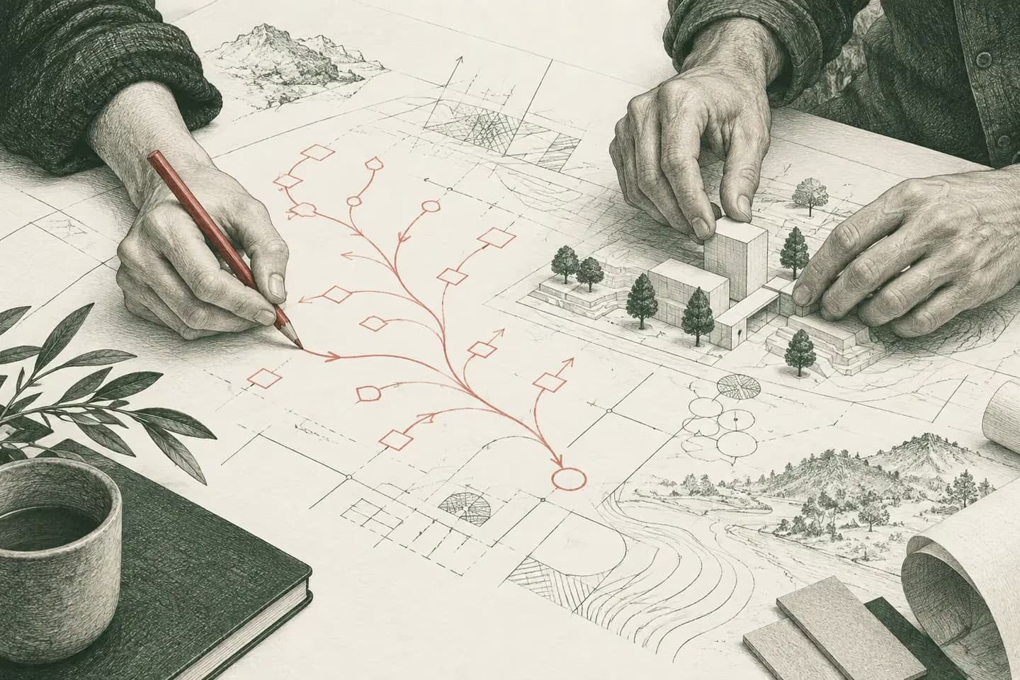 Hands working together over an architectural model and a sketched workflow