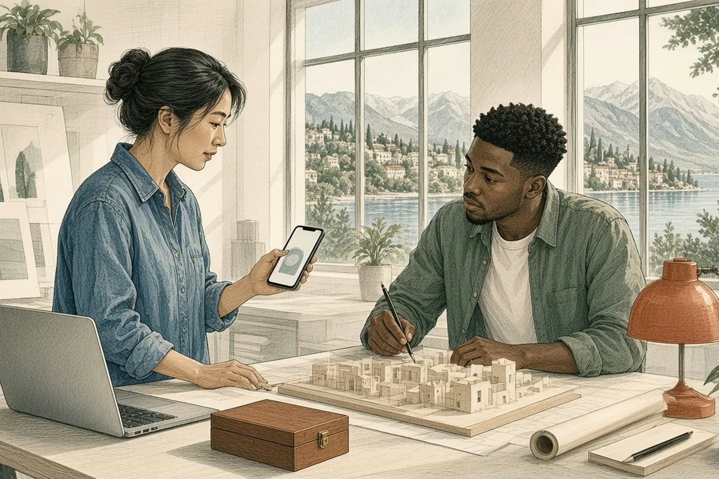 Editorial engraving of a sunlit architecture studio where an architect approves a request on her phone beside a working laptop and a closed key box while a colleague builds a model.