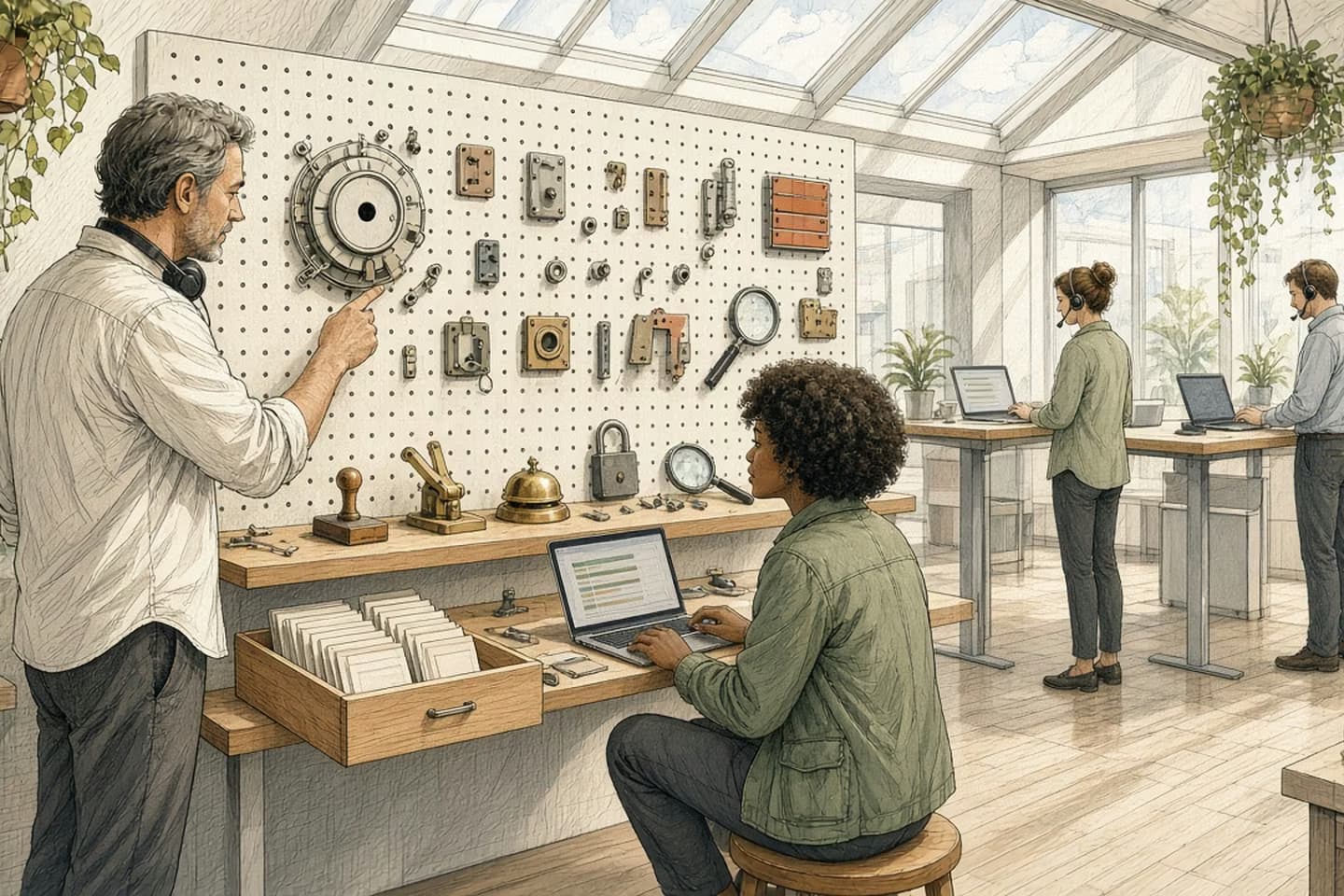 Editorial engraving of a bright support office where a physical control panel has been taken apart and laid out on a pegboard, with a man in a headset pointing at a search dial and a young engineer sorting the parts with a laptop on her knee.