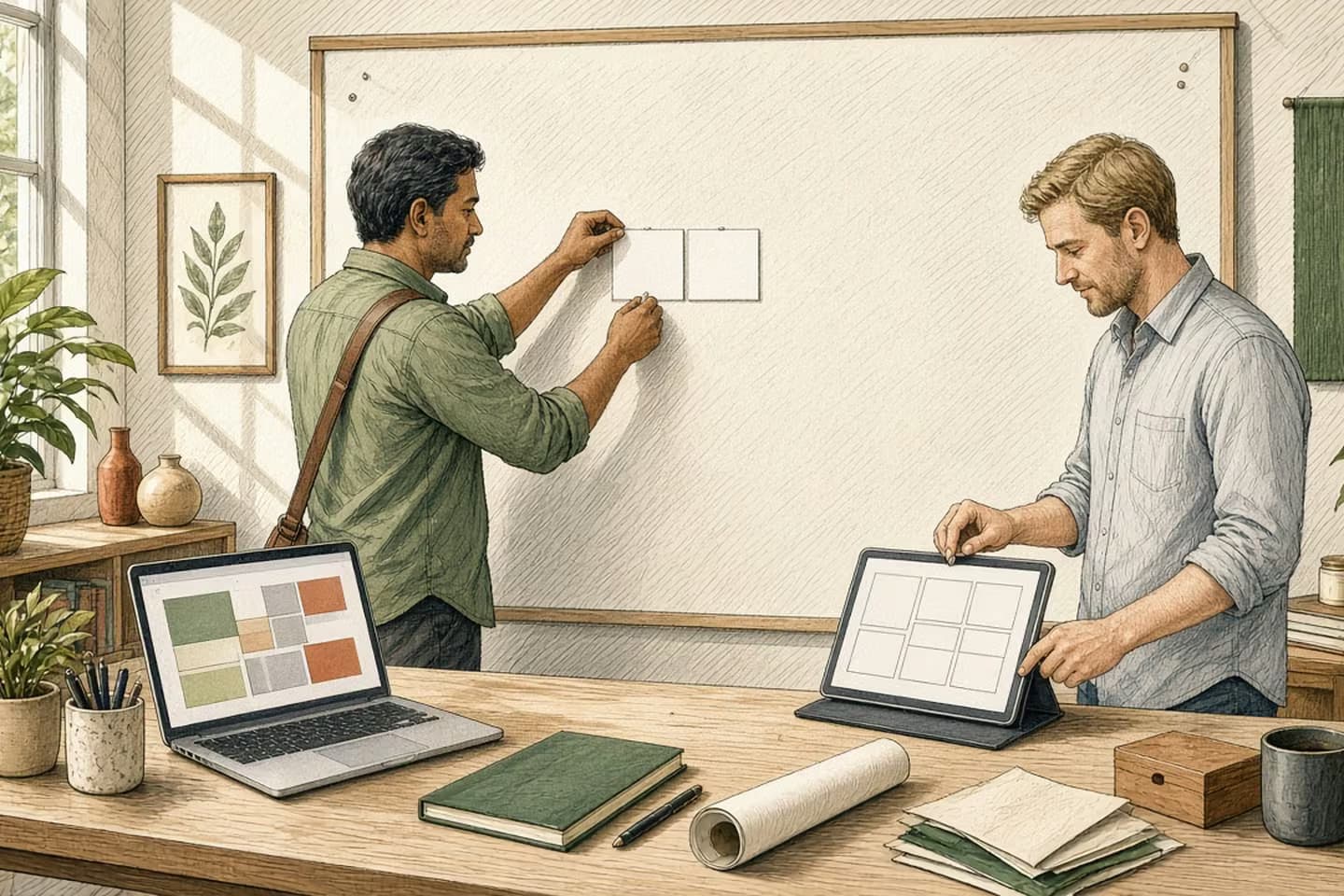 Editorial engraving of a sunlit merchandising room where a lead pins blank before/after cards while a colleague reviews an empty collection grid.