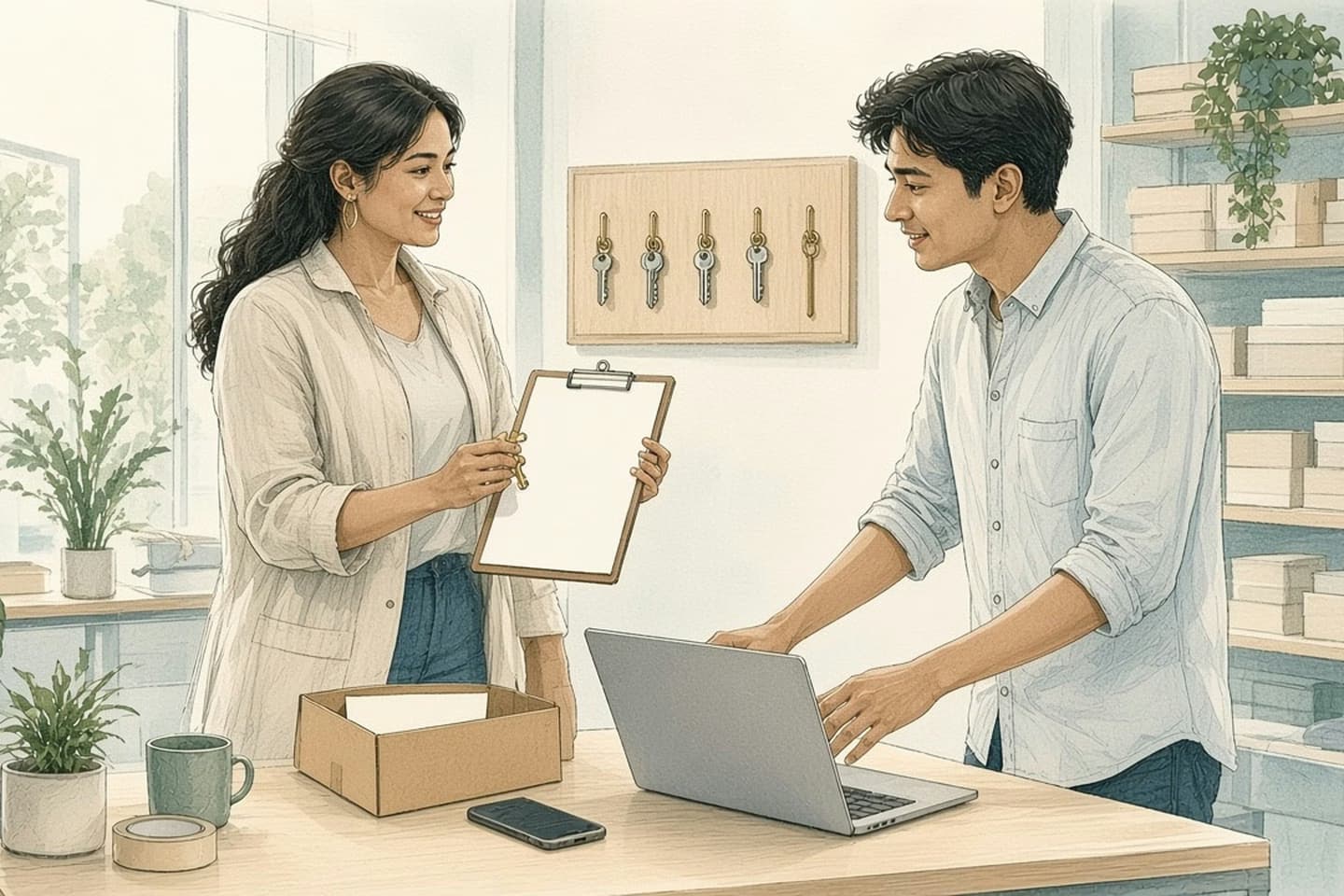 In a bright, airy returns room lined with shelves of parcels, an operations lead holds a clipboard and a small brass key as she talks with a colleague who has stopped working at his laptop beside an opened returned box; on the wall behind them a wooden key board has one empty hook.