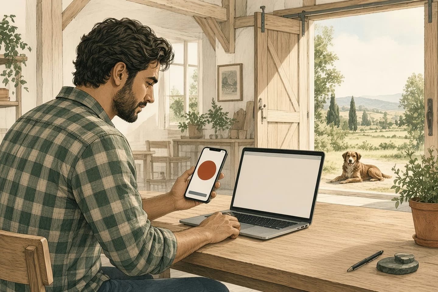 Editorial engraving of a sunny barn studio where a founder reads a prepared payment on his phone before approving it, beside a laptop and a paper invoice.
