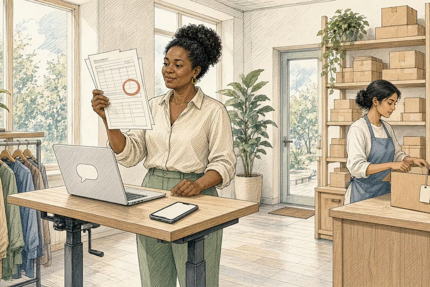 In a bright stockroom office, a store owner holds up a printed shipping-rate sheet with one circled block beside a laptop showing an empty speech bubble, while a colleague packs a box with a pickup tag.