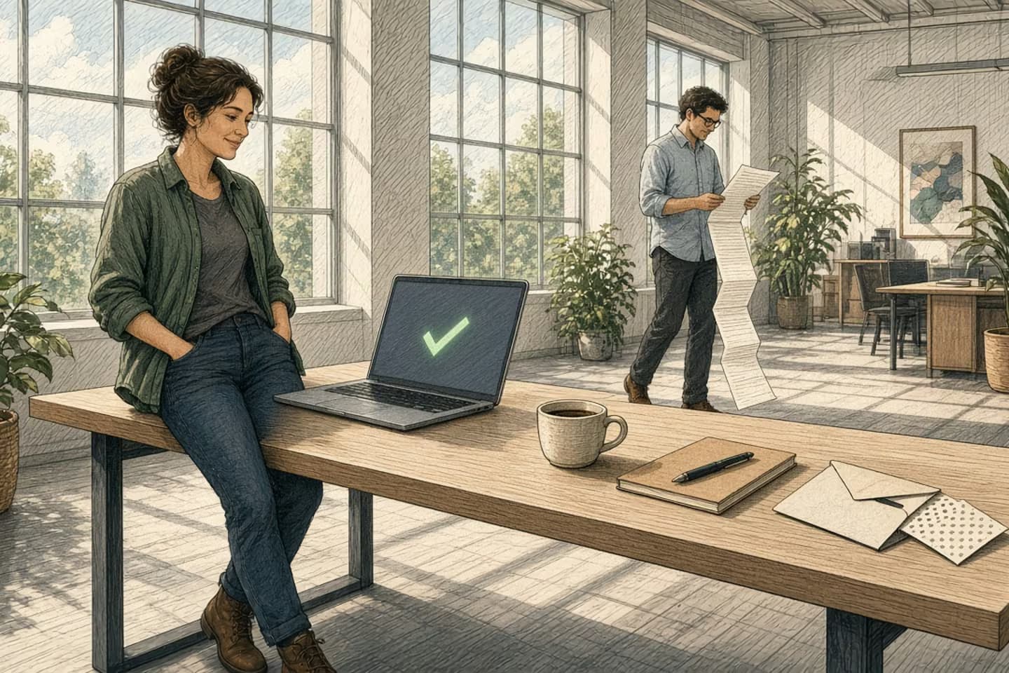 In a sunlit open office, an engineer leans on a desk smiling at a laptop showing a green check, while a half-open envelope and a dotted slip sit unread at the far end and a colleague walks over reading a long printed log.