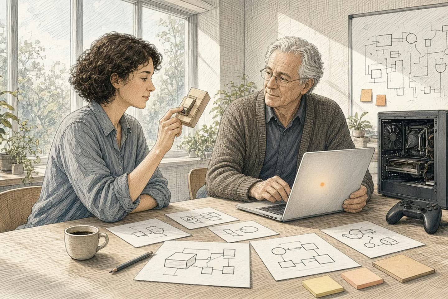 Hero for 'NVIDIA shipped its agent switch on. Ship yours off.': a designer in a sunlit studio flips a large paper toggle-switch prototype to off while a colleague beside an open PC tower turns a laptop toward her.