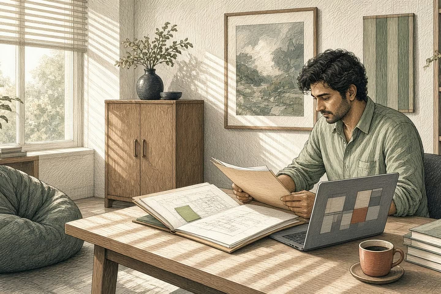 In early light through blinds, an engineer opens a paper folder beside a laptop of abstract row blocks, a beanbag and coffee nearby.
