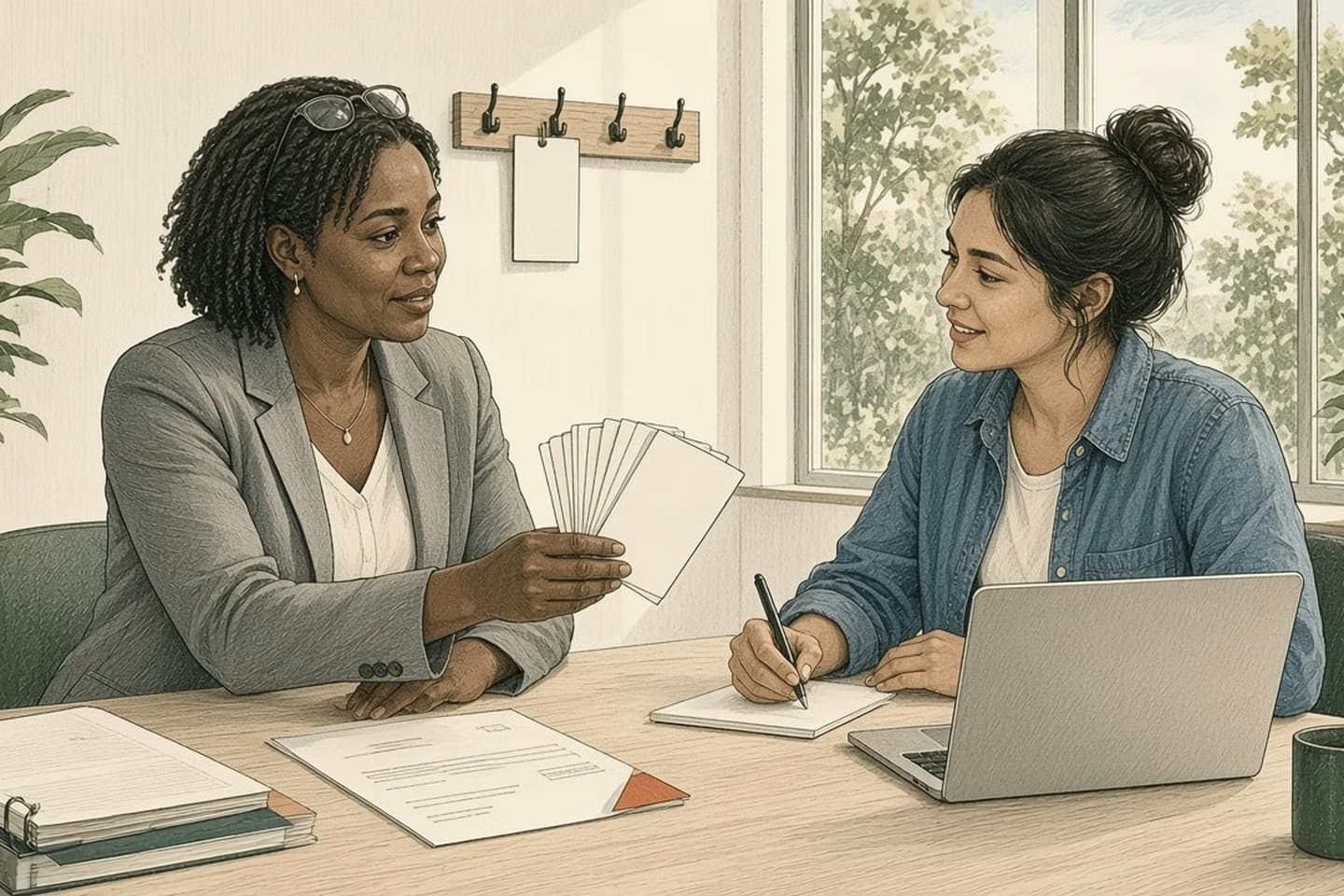 In a sunlit meeting room with tall windows onto trees, a reviewer with reading glasses pushed up on her head holds out a fan of blank test cards over a wooden table where an invoice lies with one corner folded in orange; a smiling young developer writes beside an open laptop, and a wall rail behind holds one card on four hooks.