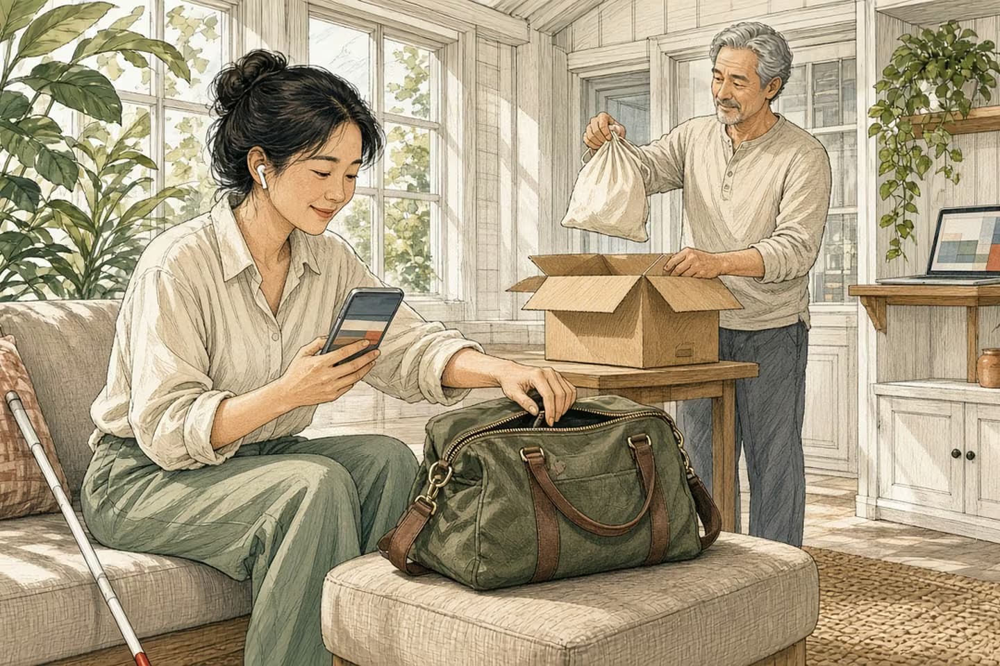Editorial engraving of a sunny sunroom where a blind woman with one earbud listens to her phone while feeling the zip and handle of an olive canvas bag, as her father unpacks the delivery box nearby.