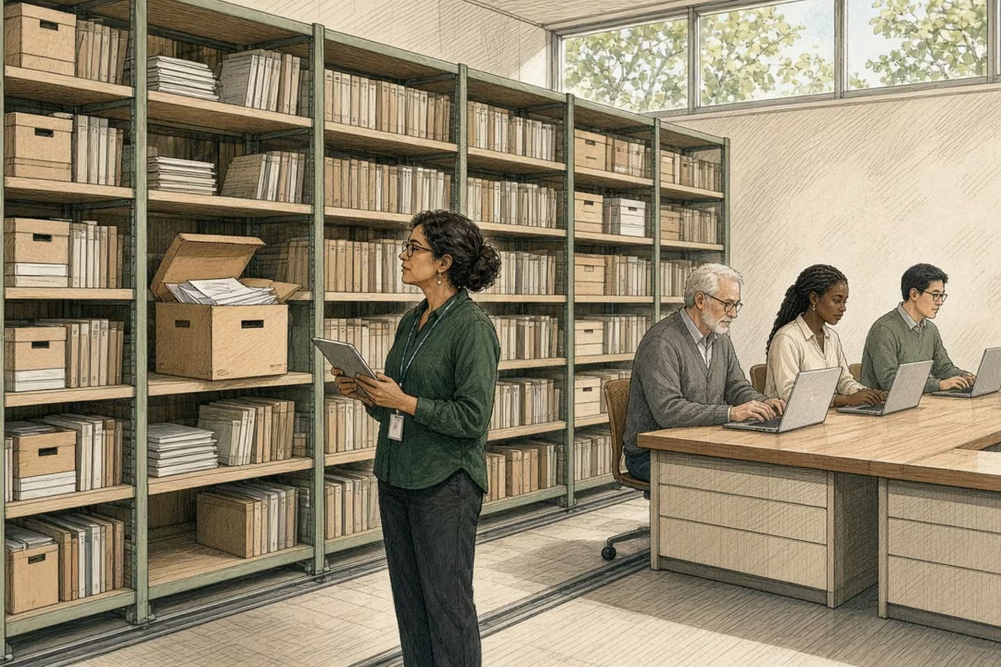 Editorial engraving of a bright records room with rolling shelves, where an IT lead with a tablet looks into the one aisle left open at an archive box with its lid ajar, while three colleagues behind her type at laptops along a counter.