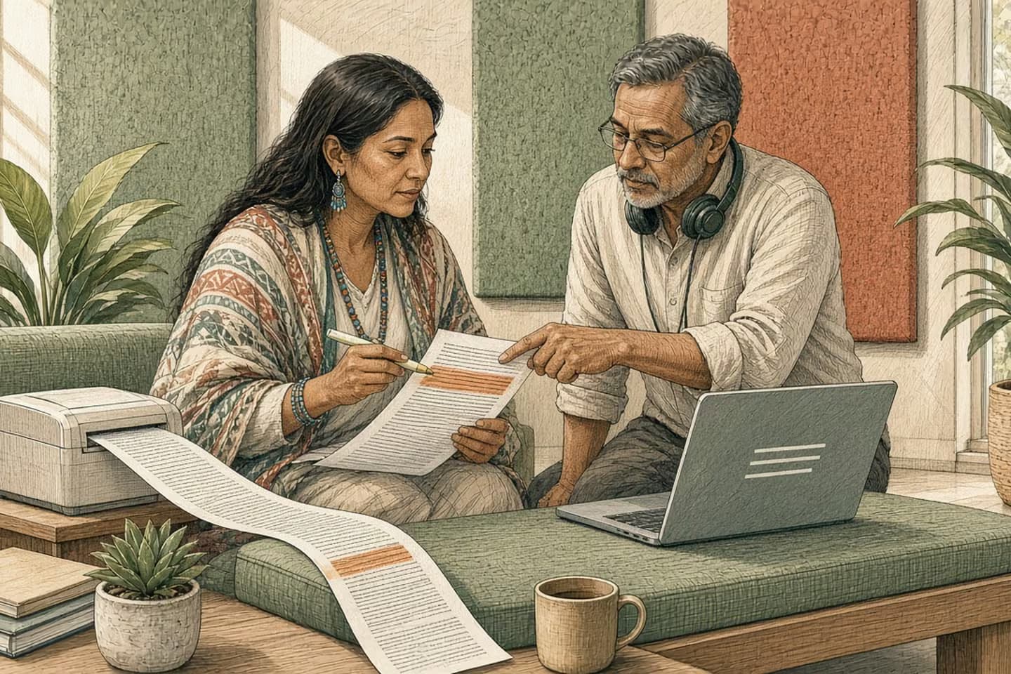 Editorial engraving of a bright meeting nook where an account manager highlights one passage on a long ribbon of printed transcript beside a laptop showing a short summary, as a colleague with a headset leans in to point at it.