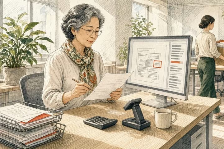 Editorial engraving of a sunlit finance office where an older woman at a standing desk holds a paper invoice and compares it with a monitor that outlines one region of a scanned page beside a column of extracted fields.