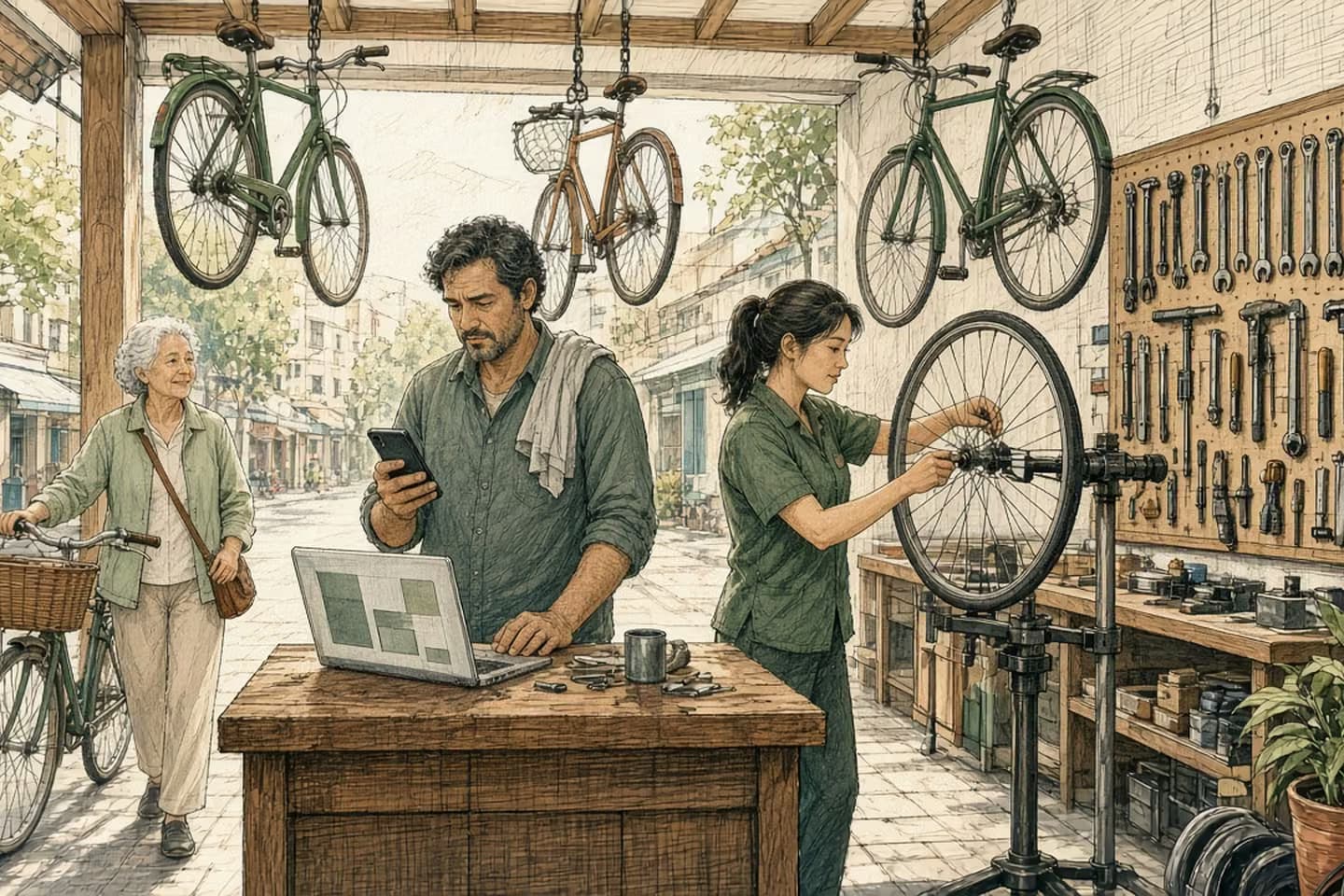 Editorial engraving of a sunny bike repair shop where the owner thoughtfully types a reply on his phone beside a laptop of identical blocks, a mechanic trues a wheel and a customer with a basket bike waits by the door.