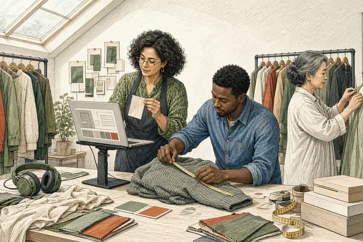 Editorial engraving of a skylit apparel sample room where a woman at a laptop holds up a small care label to the light, a colleague measures a sweater sleeve with a tape and another pins a sample to a dress form.