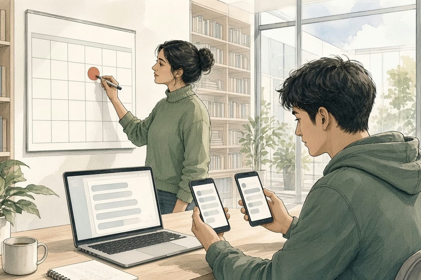 Editorial engraving of a glass-walled library study room where a developer circles a date on a paper calendar while a tester compares an app on two Android phones.