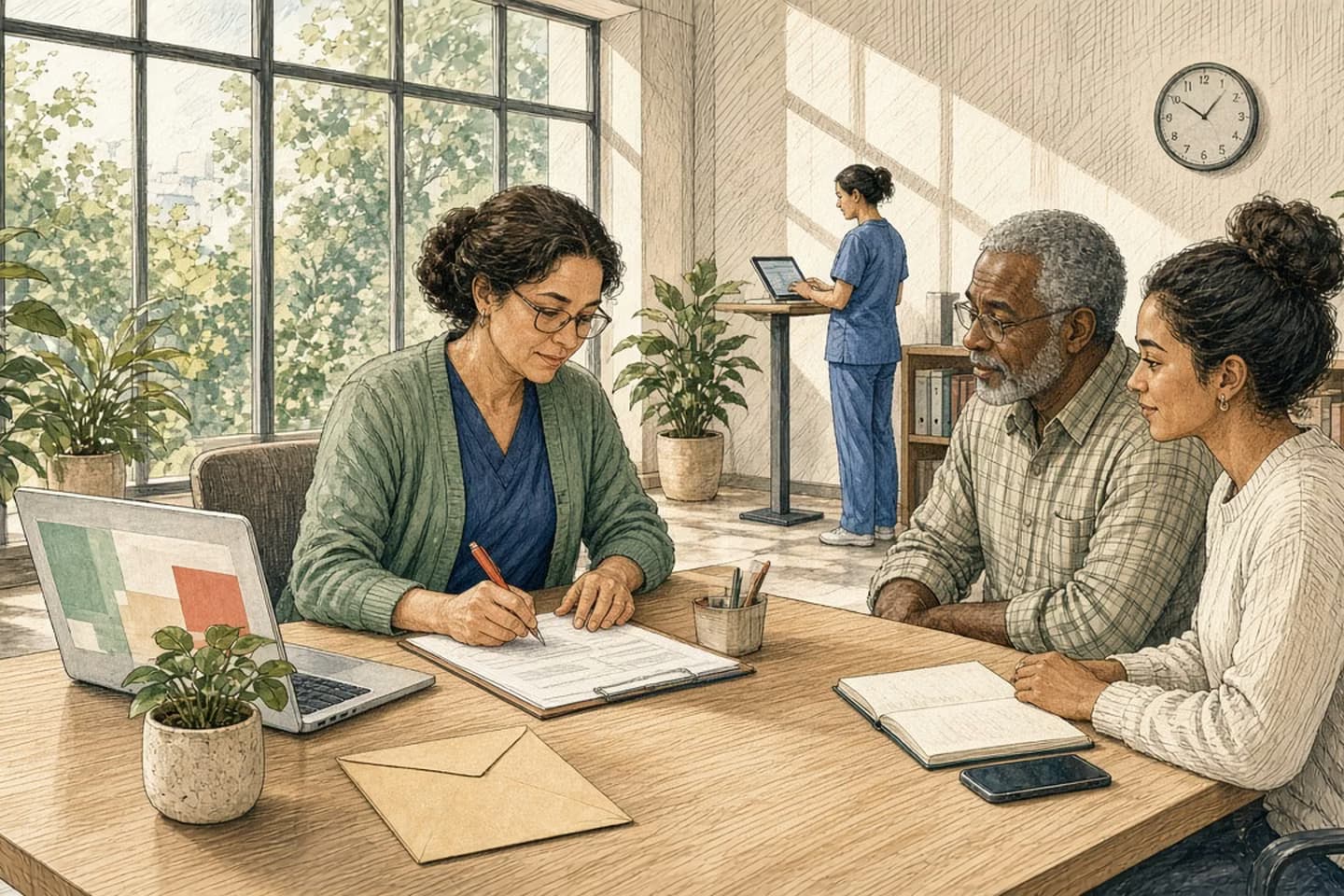 In a sunlit clinic consultation room, a nurse practitioner in a sage cardigan holds a terracotta pen over a printed page she is marking up, an open laptop beside her and an unsealed envelope waiting on the desk, while an older man and his adult granddaughter sit across from her and listen.