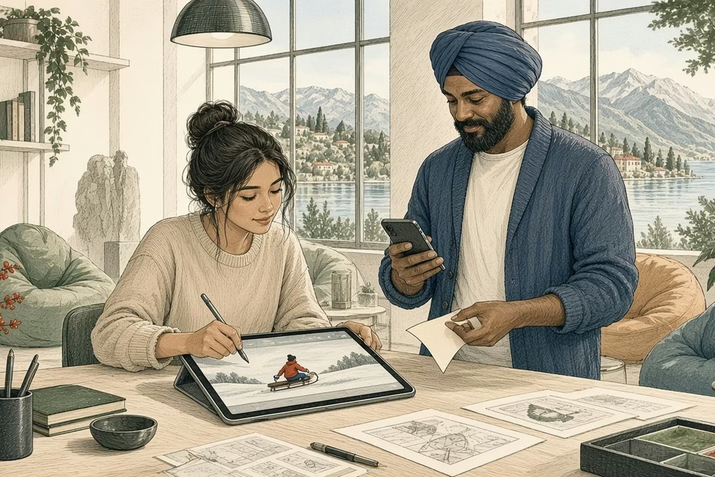 Editorial engraving of an airy game studio where an illustrator draws a winter scene on a tablet while a producer checks a promotional banner on his phone.