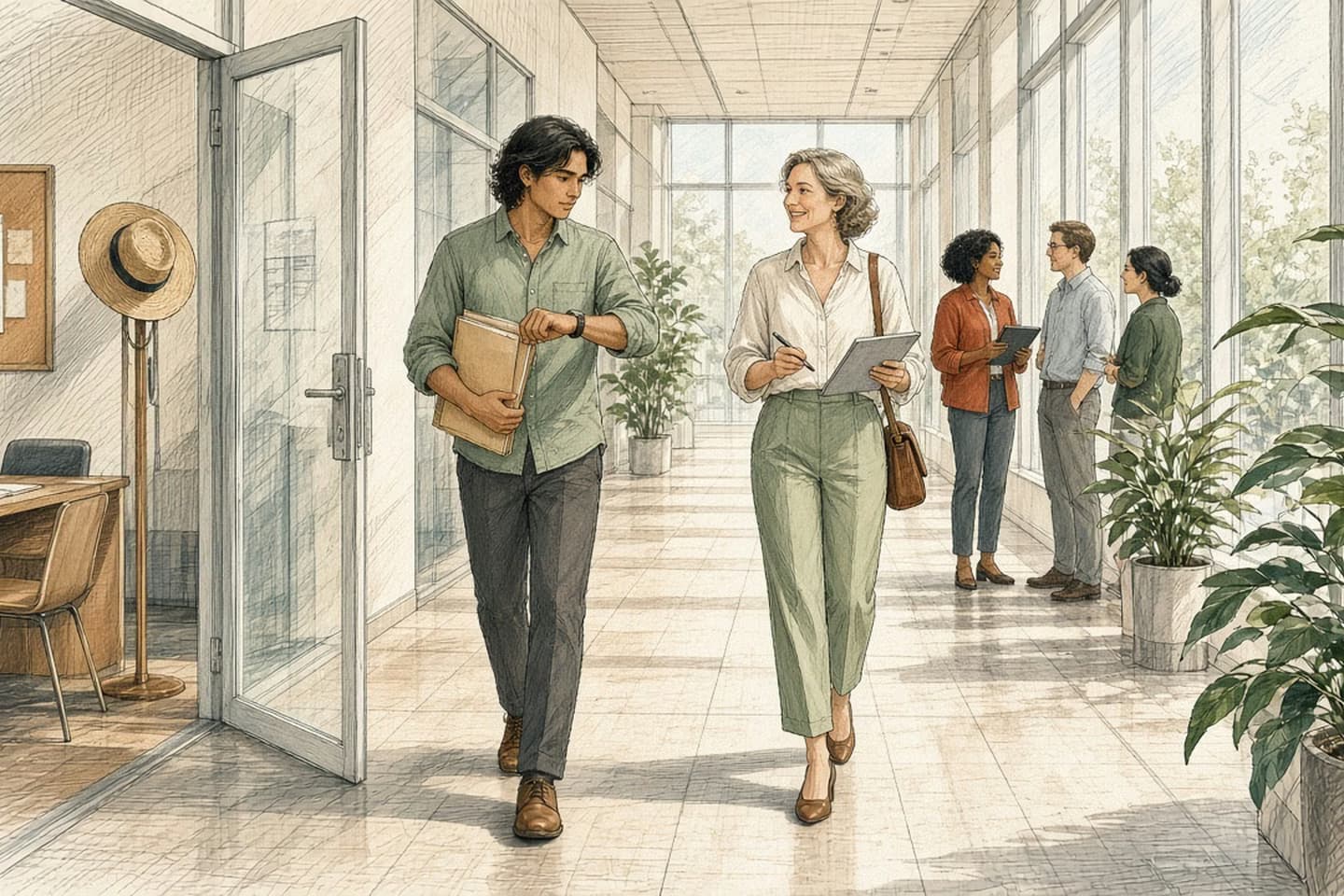 Editorial engraving of a bright office corridor beside an empty glass office with a sun hat and beach postcard, where a young man holding a request folder checks his watch as a colleague with a tablet walks up to help.