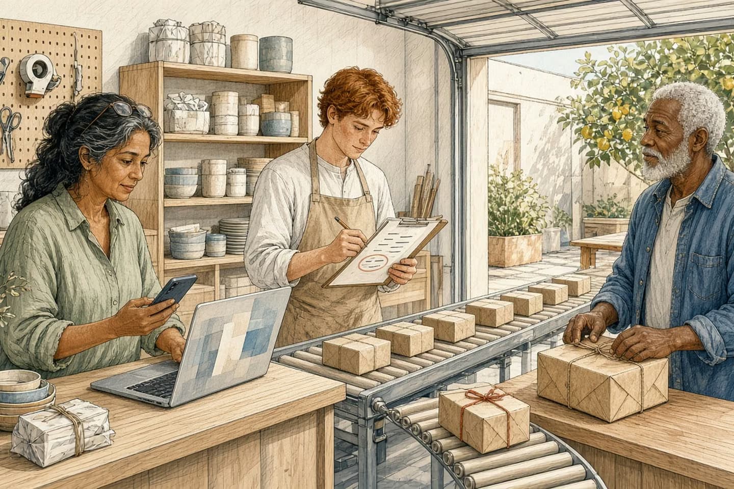 In a sunny stockroom of a small ceramics shop, a woman with reading glasses compares a phone and an open laptop at a tall counter, a young man in an apron runs a pencil down a printed list with one line circled, and an older man tapes a parcel shut while a row of parcels rolls toward the open door and one has slipped onto a side track.
