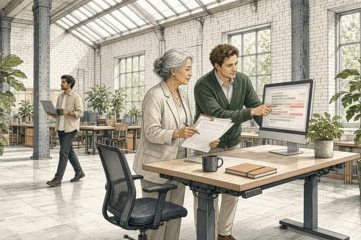 Editorial engraving of a skylit loft where a business owner in her sixties holds a printed contract and pen beside a young developer pointing at a large monitor of abstract code bars with one faintly outlined block, while a colleague walks past in the background.