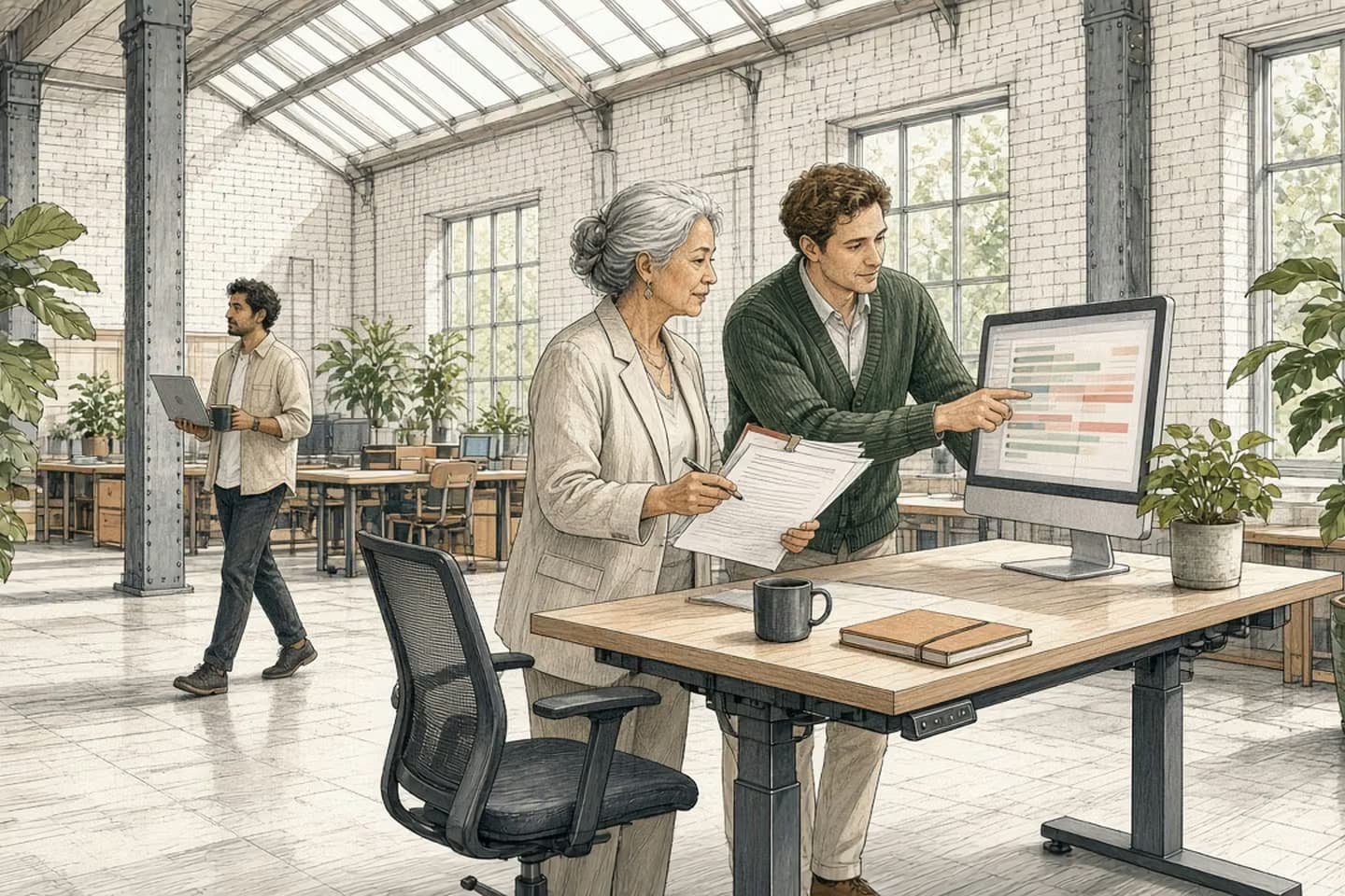 Editorial engraving of a skylit loft where a business owner in her sixties holds a printed contract and pen beside a young developer pointing at a large monitor of abstract code bars with one faintly outlined block, while a colleague walks past in the background.