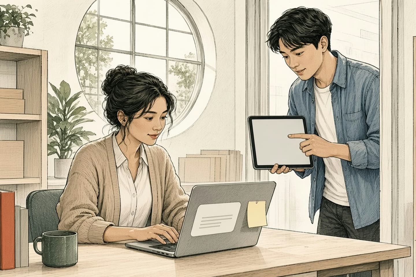 Editorial engraving of a bookshop back office where the owner writes an email on her laptop while an assistant points to one app on a tablet.