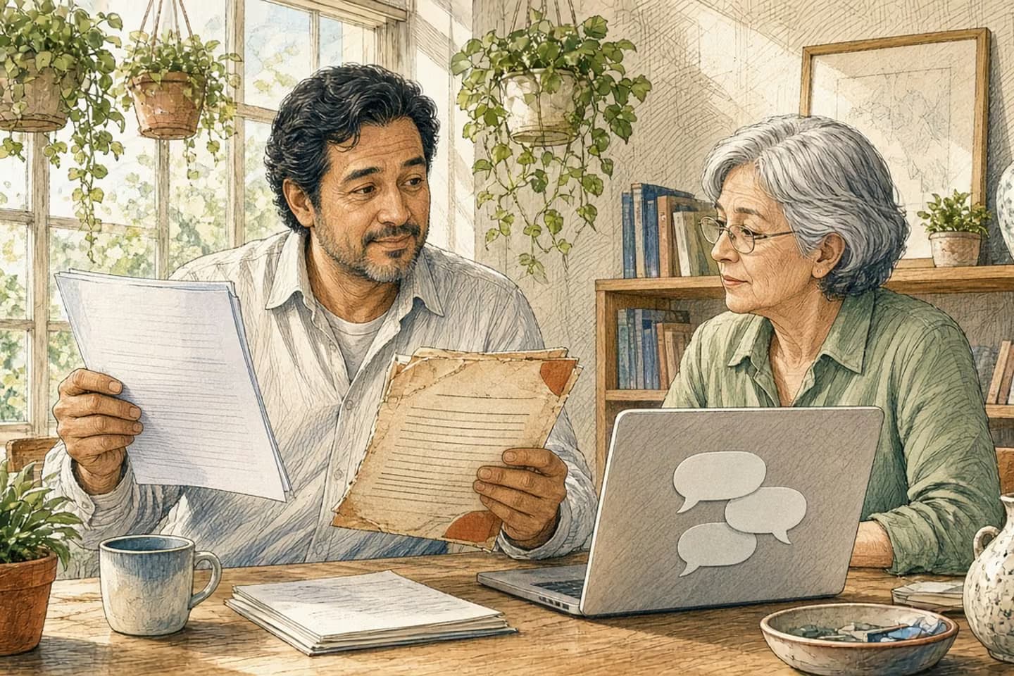 Editorial engraving of a sunny shop mezzanine where a support lead files an older policy sheet into an archive box while a colleague at a laptop looks at the newer page.