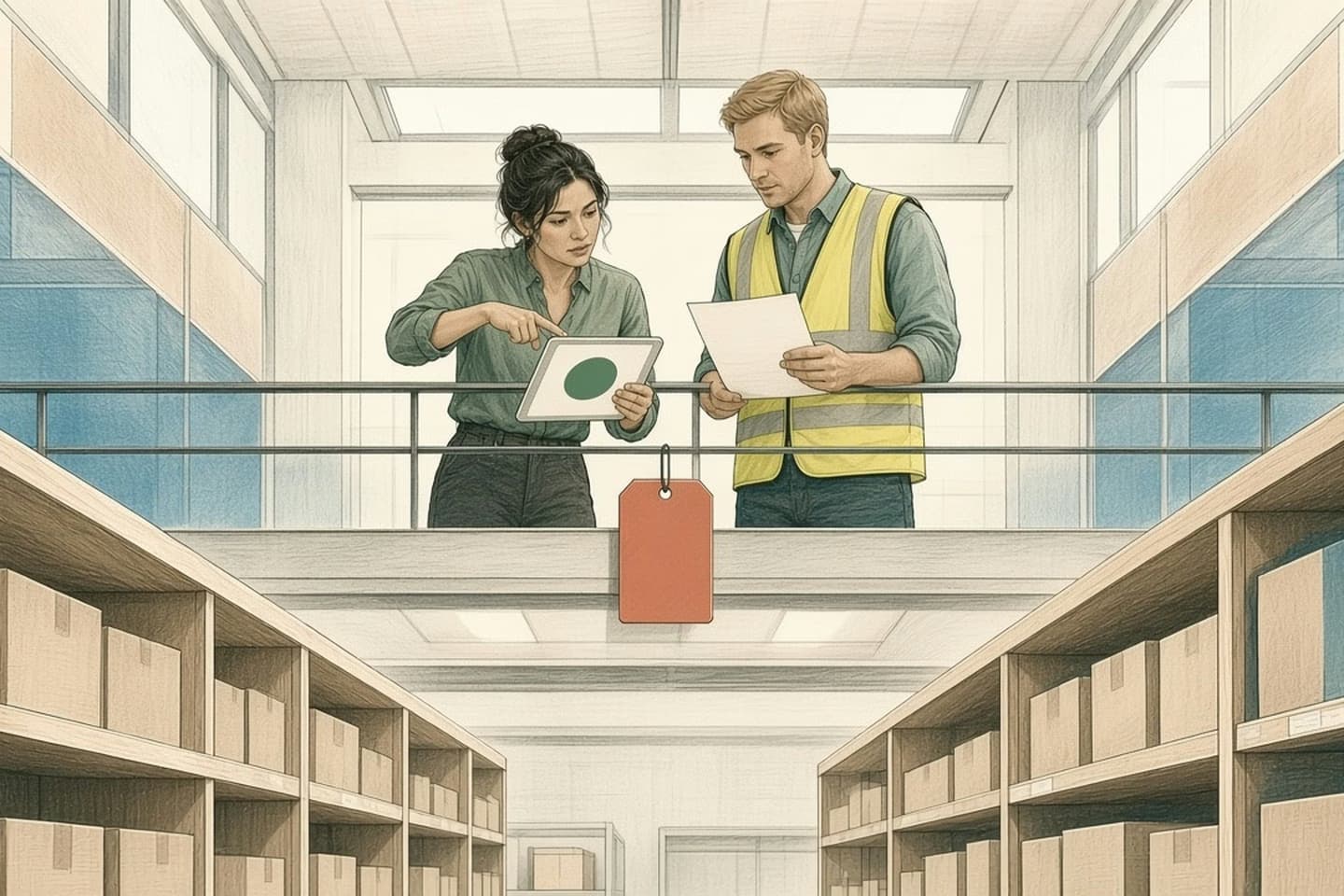 Editorial engraving of a bright warehouse mezzanine where an inventory lead compares a tablet badge to an empty aisle while a picker gestures toward a fuller aisle beyond.