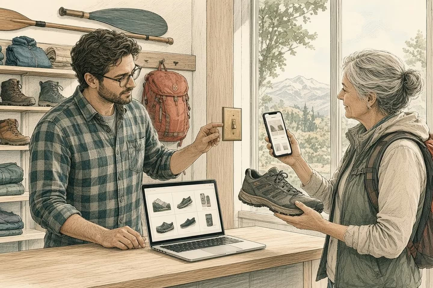 Editorial engraving of a bright outdoor-gear shop where the owner rests a hand by a wall switch at the counter while an older hiker compares a trail shoe with her phone.