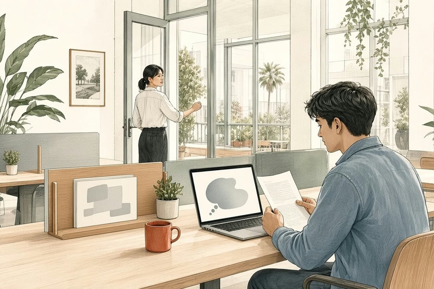 Editorial engraving of a bright newsroom where an editor holds a door half open while a producer studies an AI-style answer and its sources on a laptop.