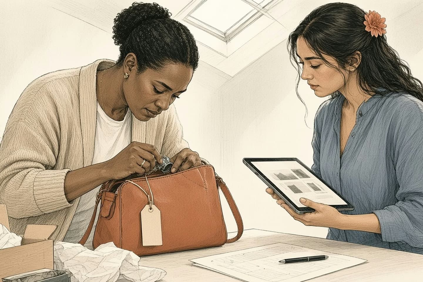 Editorial engraving of a skylit inspection room where a reviewer studies a leather handbag up close with a loupe while a colleague with a flower in her hair waits holding a tablet.