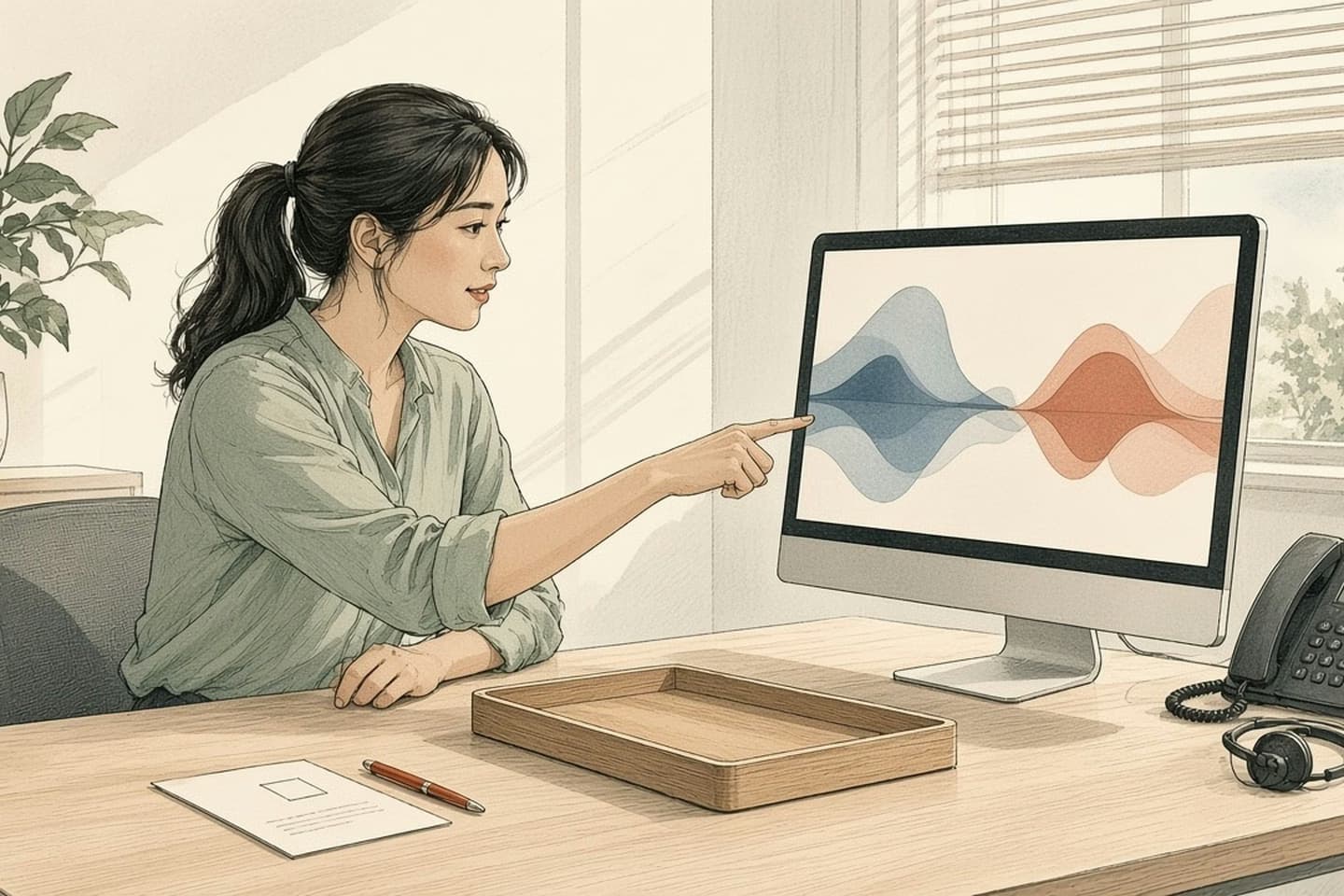 Editorial engraving of a sunny QA booth where a reviewer compares a soft waveform on screen to an empty task tray beside a silent phone.