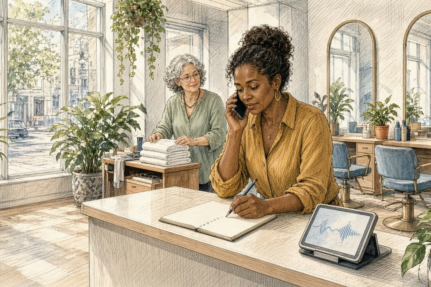 Editorial engraving of a sunlit salon before opening where the owner calls her own business line and takes notes beside a tablet showing a soft waveform.