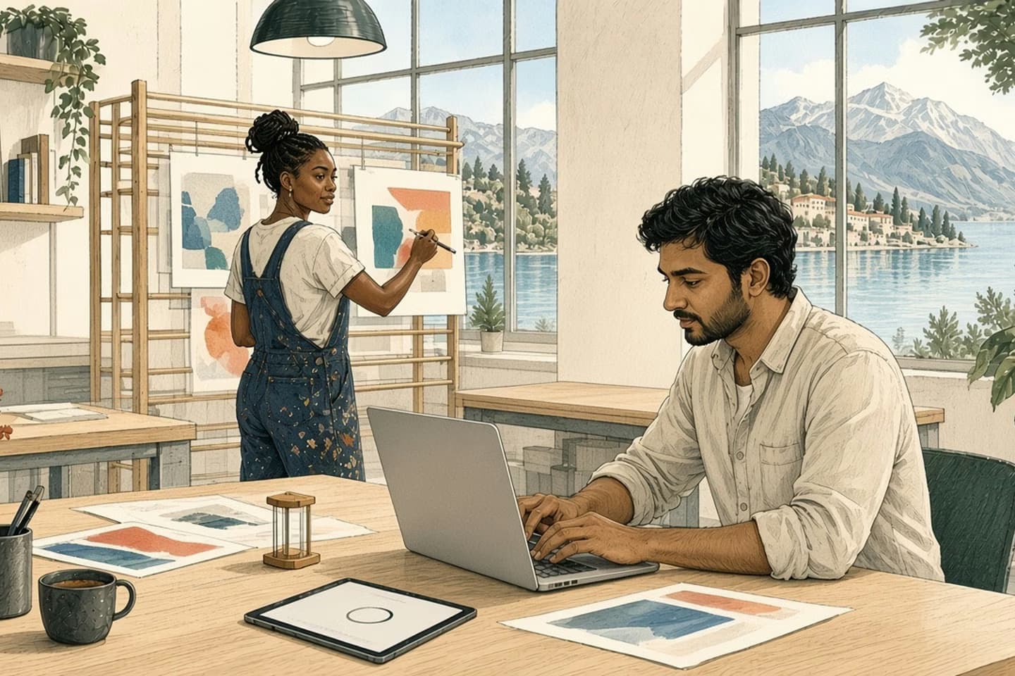 Editorial engraving of a print studio where a designer hangs prints while an image renders on a tablet and a developer works beside a small sand timer.