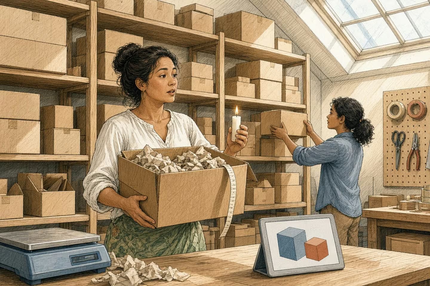 Editorial engraving of a sunny stockroom where a shop owner holds a small candle beside an oversized box on a scale while a packer pulls down a smaller box.