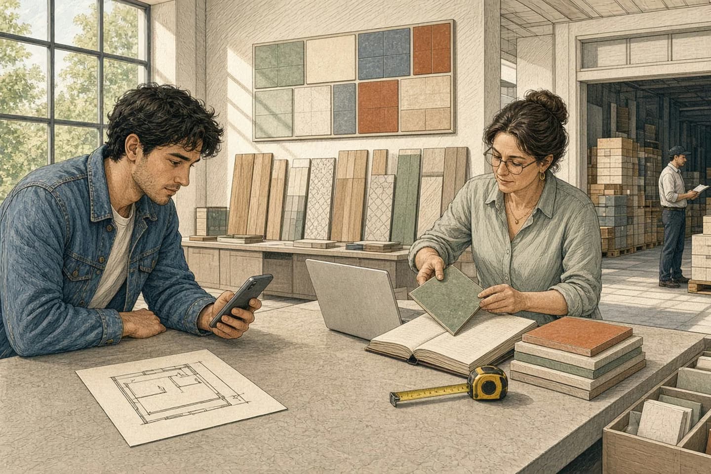 In a bright tile showroom, a young man in a denim jacket checks his phone beside a hand-drawn floor plan while a staff member across the counter pulls a real tile sample from a stack next to an open order ledger and laptop, and a colleague checks pallets in the warehouse behind her.