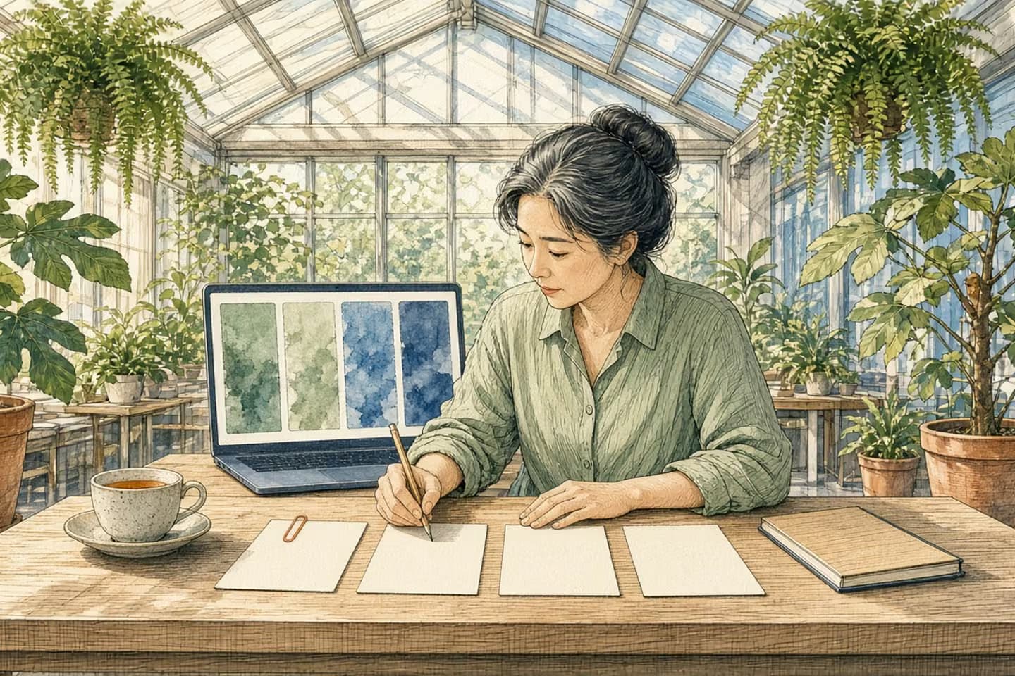 Editorial engraving of a sunlit glass conservatory where a researcher ticks four index cards one by one beside a laptop showing four parallel panels.