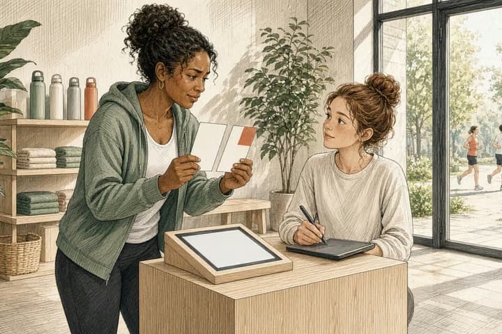 Editorial engraving of a sunny fitness lobby where the owner compares two blank price cards at a tablet kiosk while a desk attendant watches.