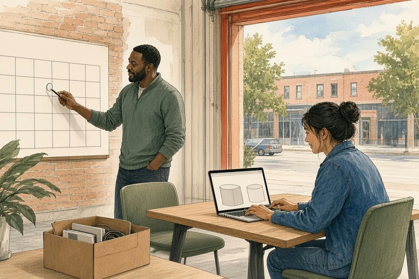 Editorial engraving of a sunny converted firehouse office where an engineer moves data between two stores on a laptop while a manager circles two dates on a paper calendar.