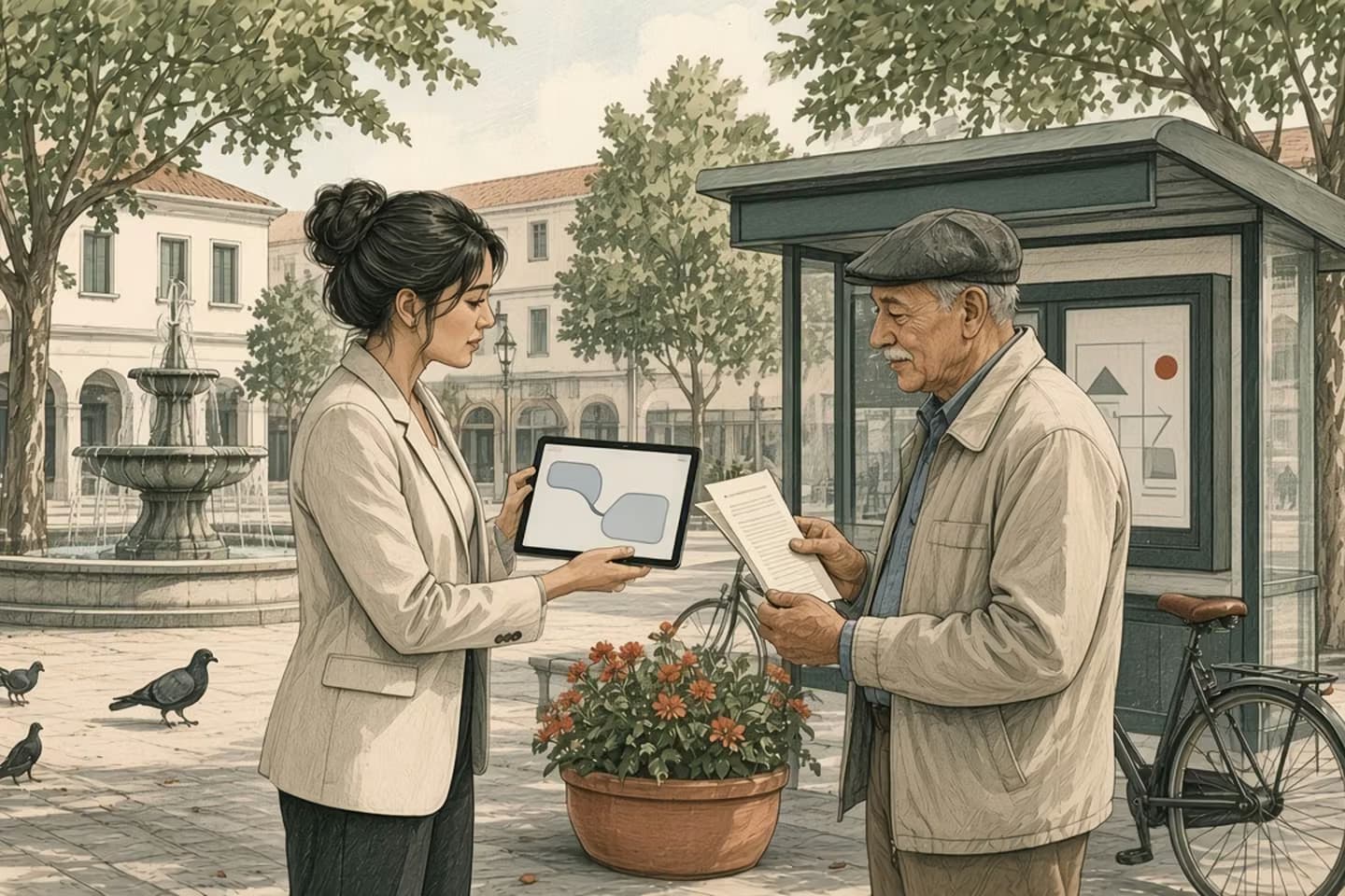 Editorial engraving of a sunny town square where a city web coordinator shows a resident on a tablet how an old address and a new one lead to the same page.