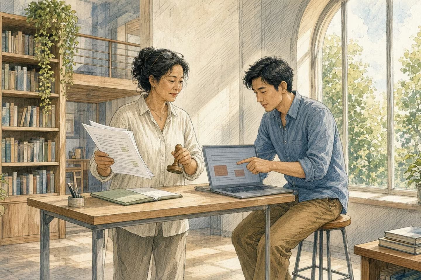 Editorial engraving of a sunlit mezzanine where an engineering lead reads marked-up printed pages, holding an unpressed ink stamp, while a developer points at highlighted lines on a laptop.