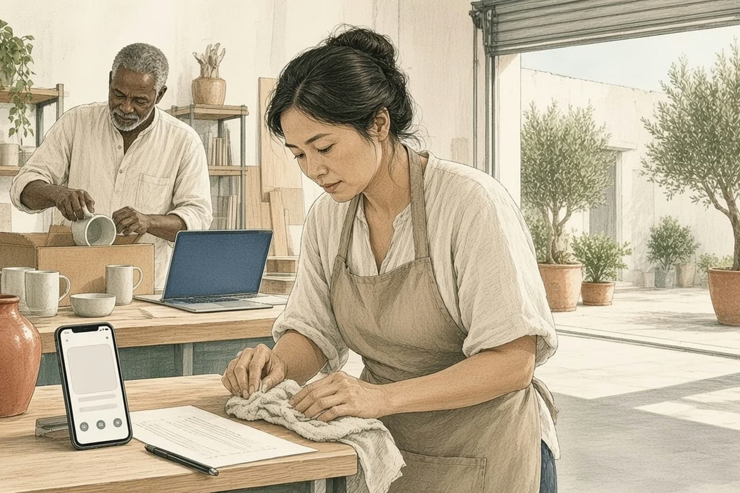 Editorial engraving of a sunny ceramics studio where the owner pauses at her wheel to answer a phone on the shelf while a laptop works on the bench and her partner packs mugs.