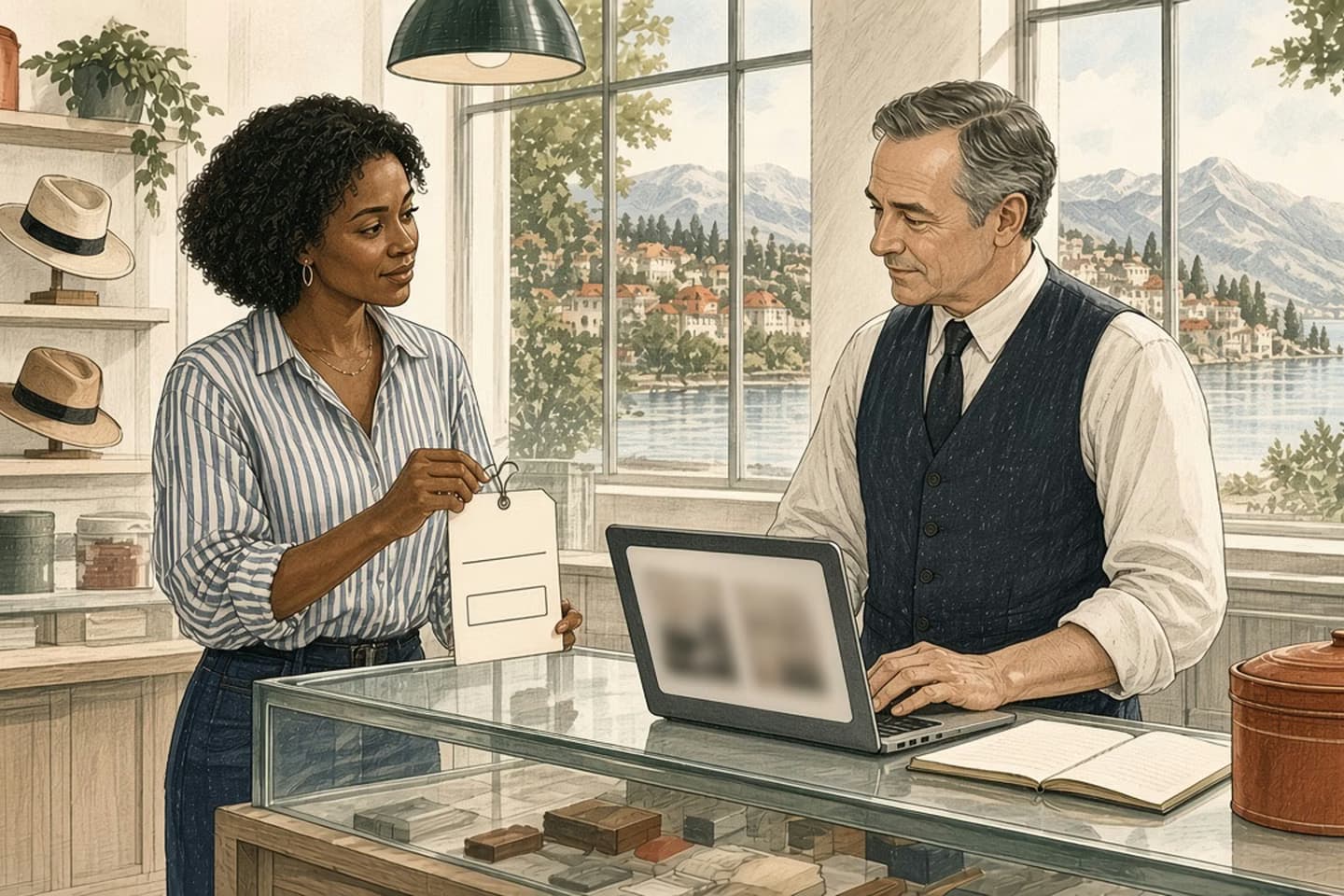 Editorial engraving of a sunlit hat shop where the owner compares a two-price tag with a chat answer on her phone while a bookkeeper checks the same items on a laptop.