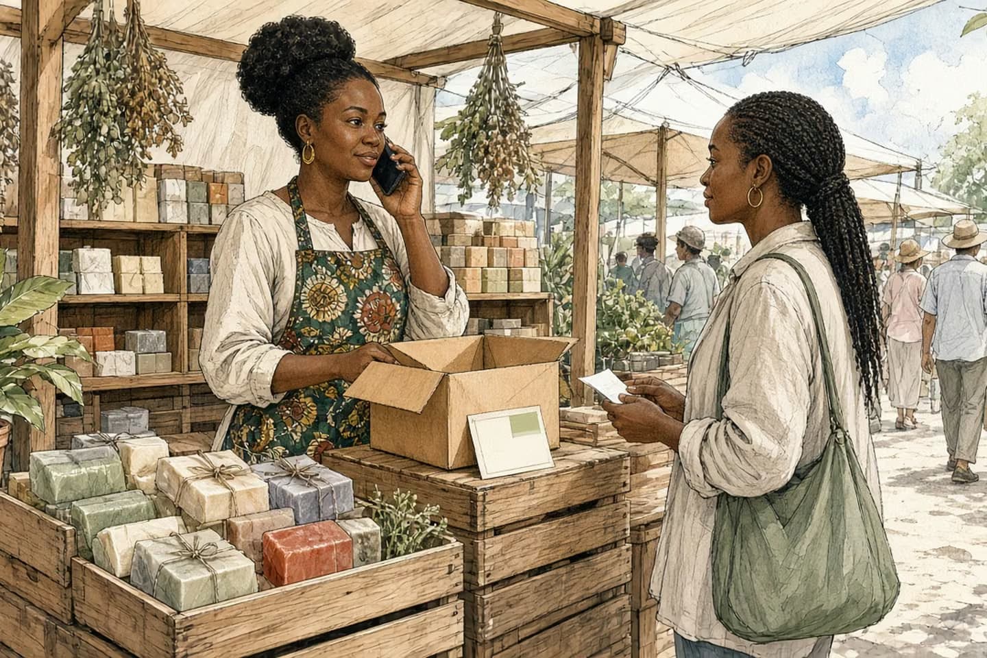 Editorial engraving of a sunny market stall where a soap seller pauses packing a kraft box to confirm a phone number while a blank order slip waits on the crate.