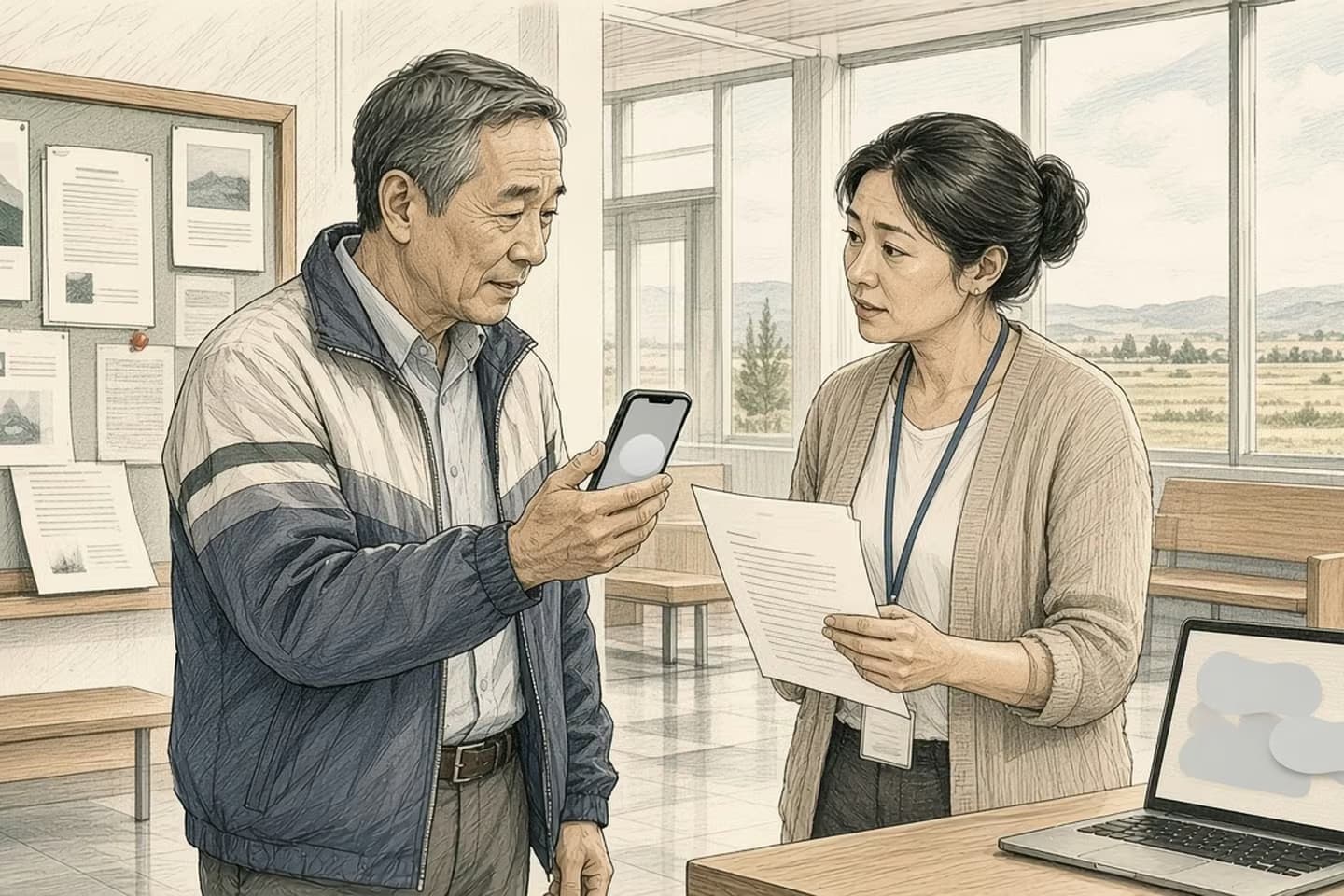 Editorial engraving of a prairie county community center where an officer holds a faded notice from the bulletin board beside a resident's phone.