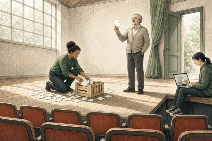 Editorial engraving of a sunlit theatre stage where a founder slides most of a line of blank cards into a crate, a director holds one card up to the light and a developer with a laptop sits on the stage edge.