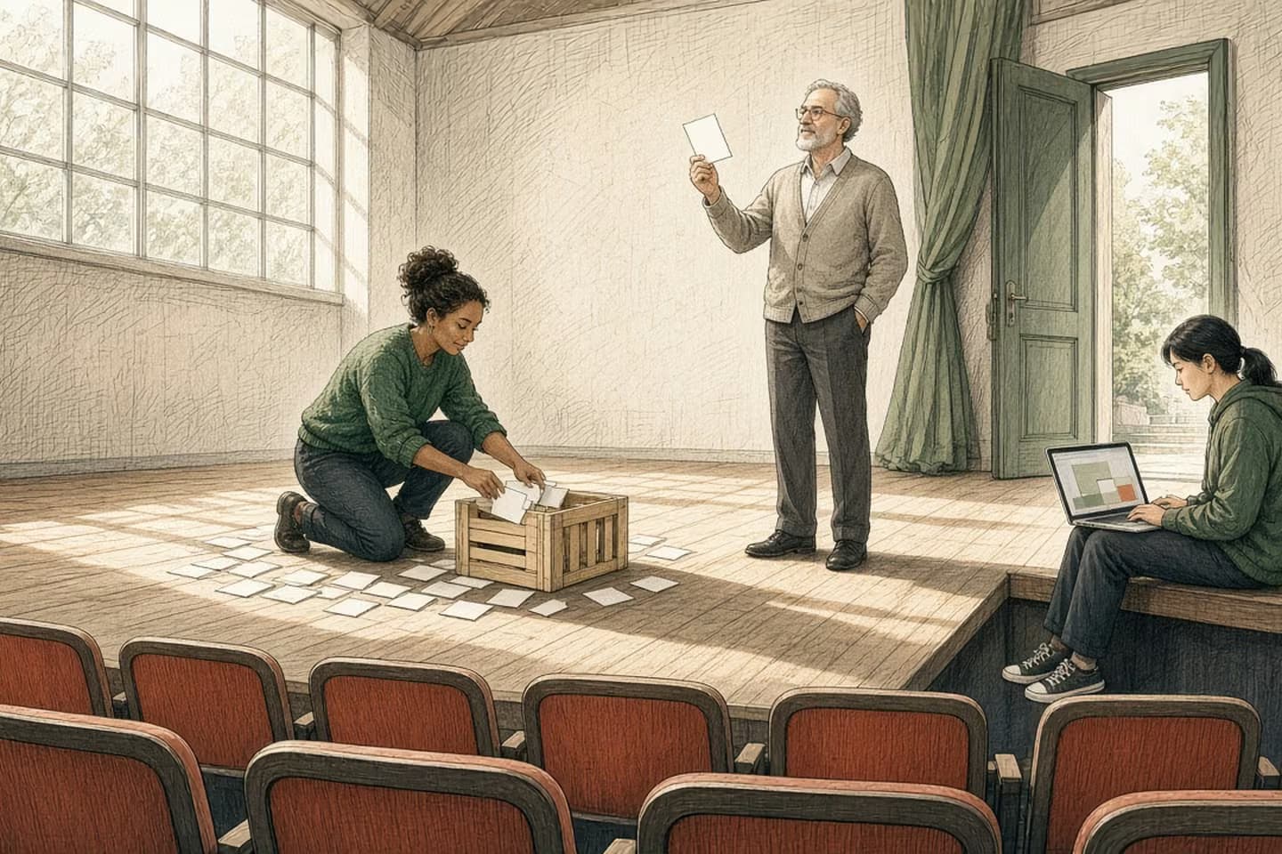 Editorial engraving of a sunlit theatre stage where a founder slides most of a line of blank cards into a crate, a director holds one card up to the light and a developer with a laptop sits on the stage edge.