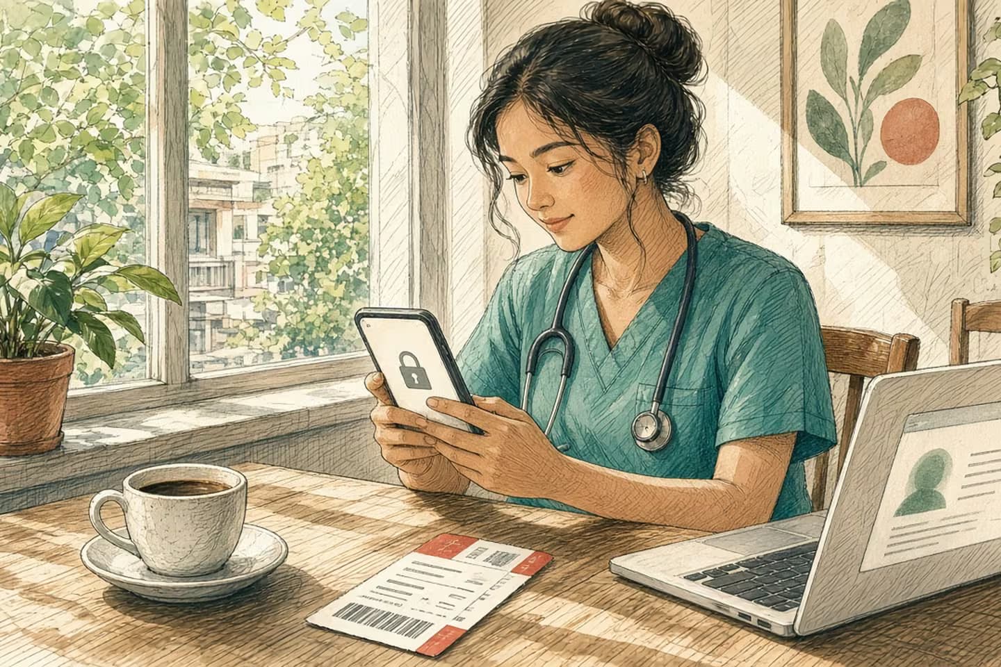 Editorial engraving of a sunlit cafe where a nurse sees a blank lock on her phone while a laptop beside her still shows a signed-in abstract session.