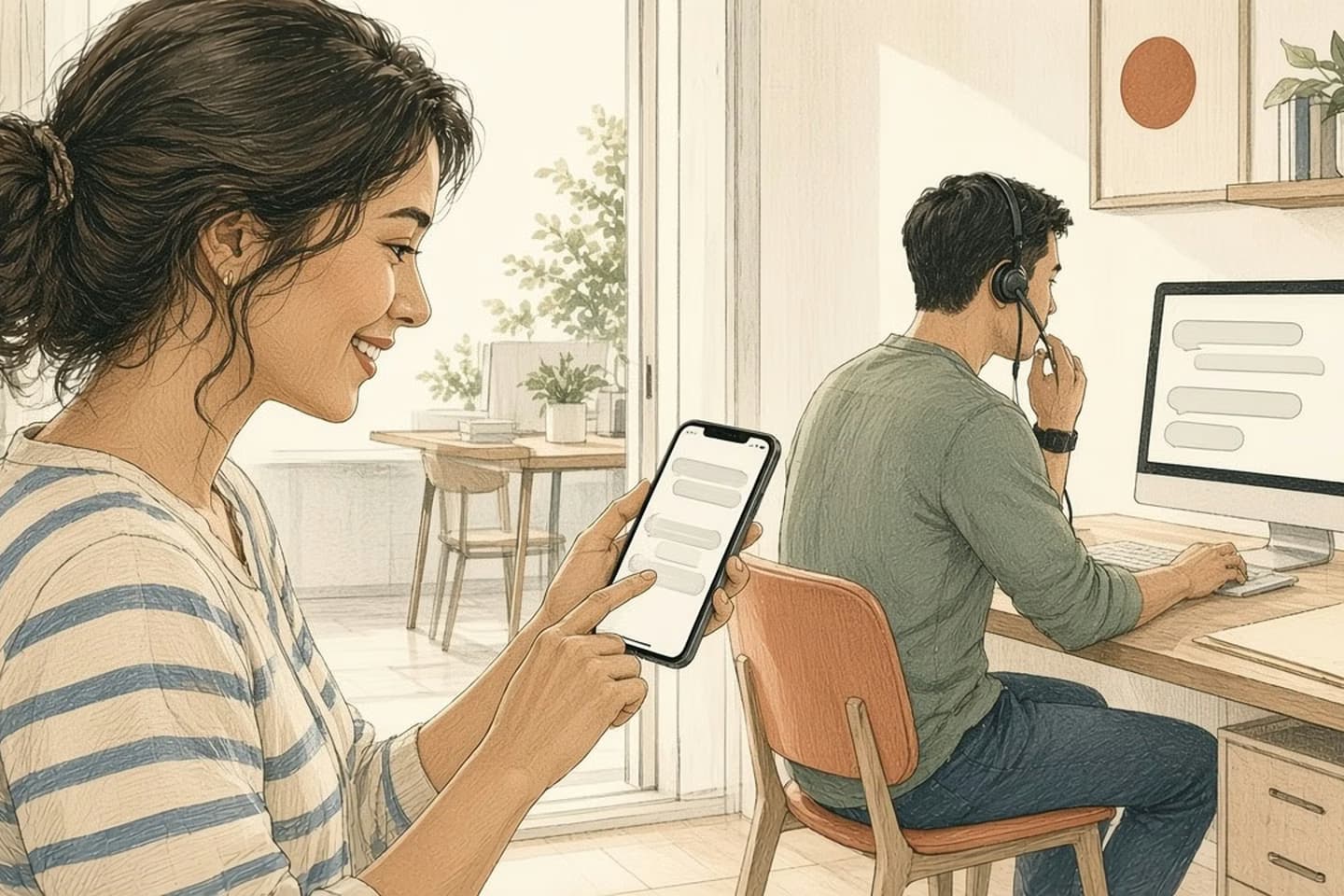 Editorial engraving of a bright apartment and support desk where a customer opens a phone thread that matches the case already open for the support lead.