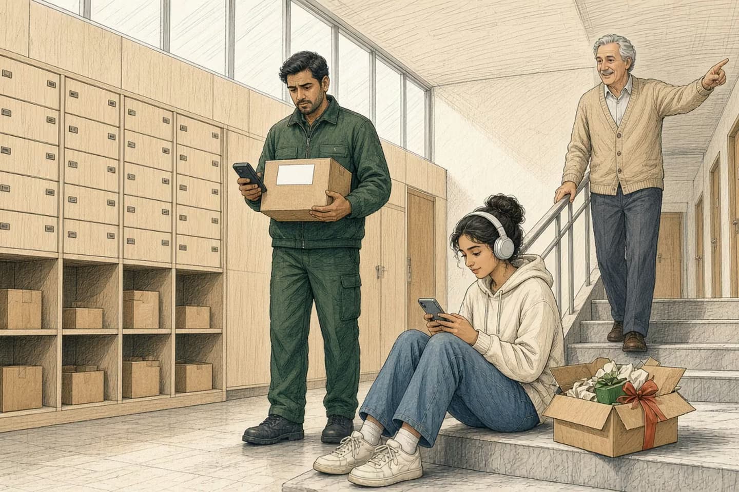 Editorial engraving of a bright apartment parcel room where a courier with a scanner studies a parcel label, a resident coming down the stairs points toward the right door, and a teenager types on her phone on a step.